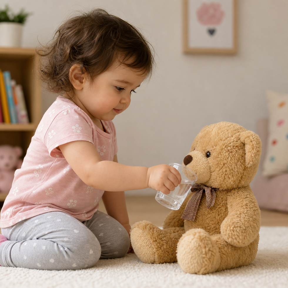 Toddler in pink shirt kneels on a rug, offering water to a teddy bear in a cozy nursery with shelves and soft decor.