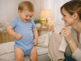 Parent holding a tiny outgrown newborn outfit while their baby wears a slightly too‑small onesie, warm natural light, soft emotional moment.