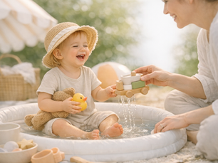 toddler playing outside with summer essentials