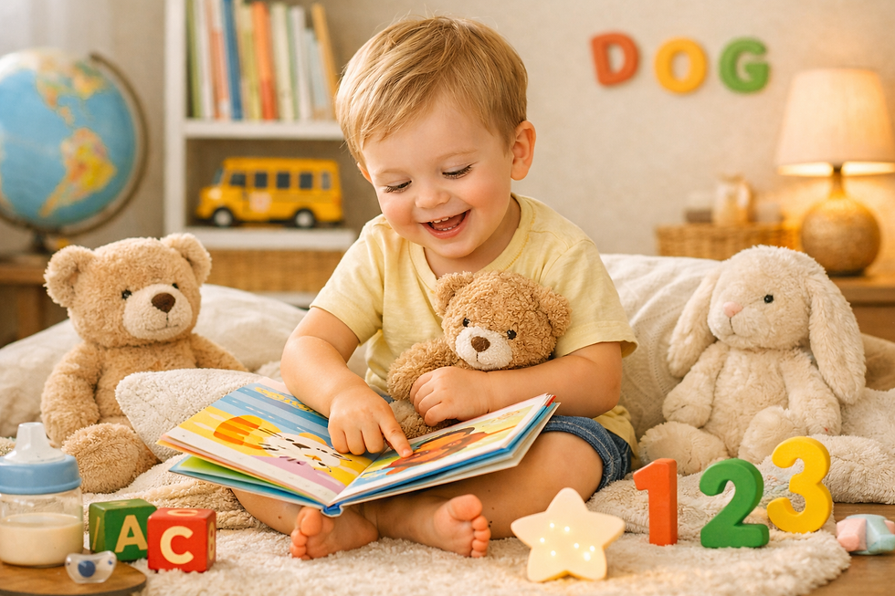 Toddler sitting looking at a board book