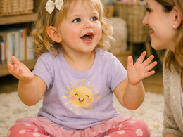 Smiling toddler in a sun shirt chats with a woman on a rug, with crayons and drawings in a cozy playroom.