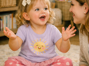 Smiling toddler in a sun shirt chats with a woman on a rug, with crayons and drawings in a cozy playroom.