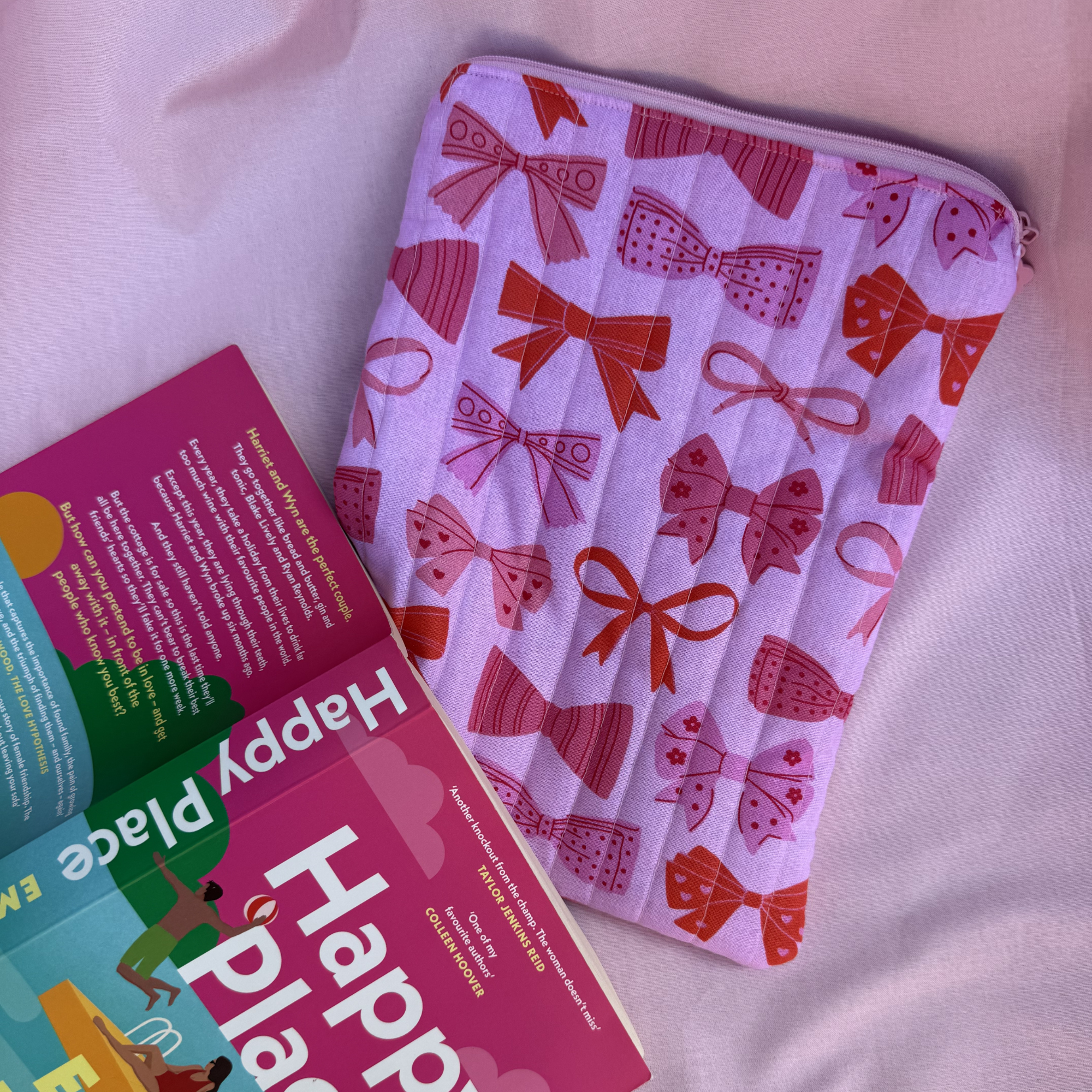 book or ipad handmade quilted sleeve with pink and red bow design