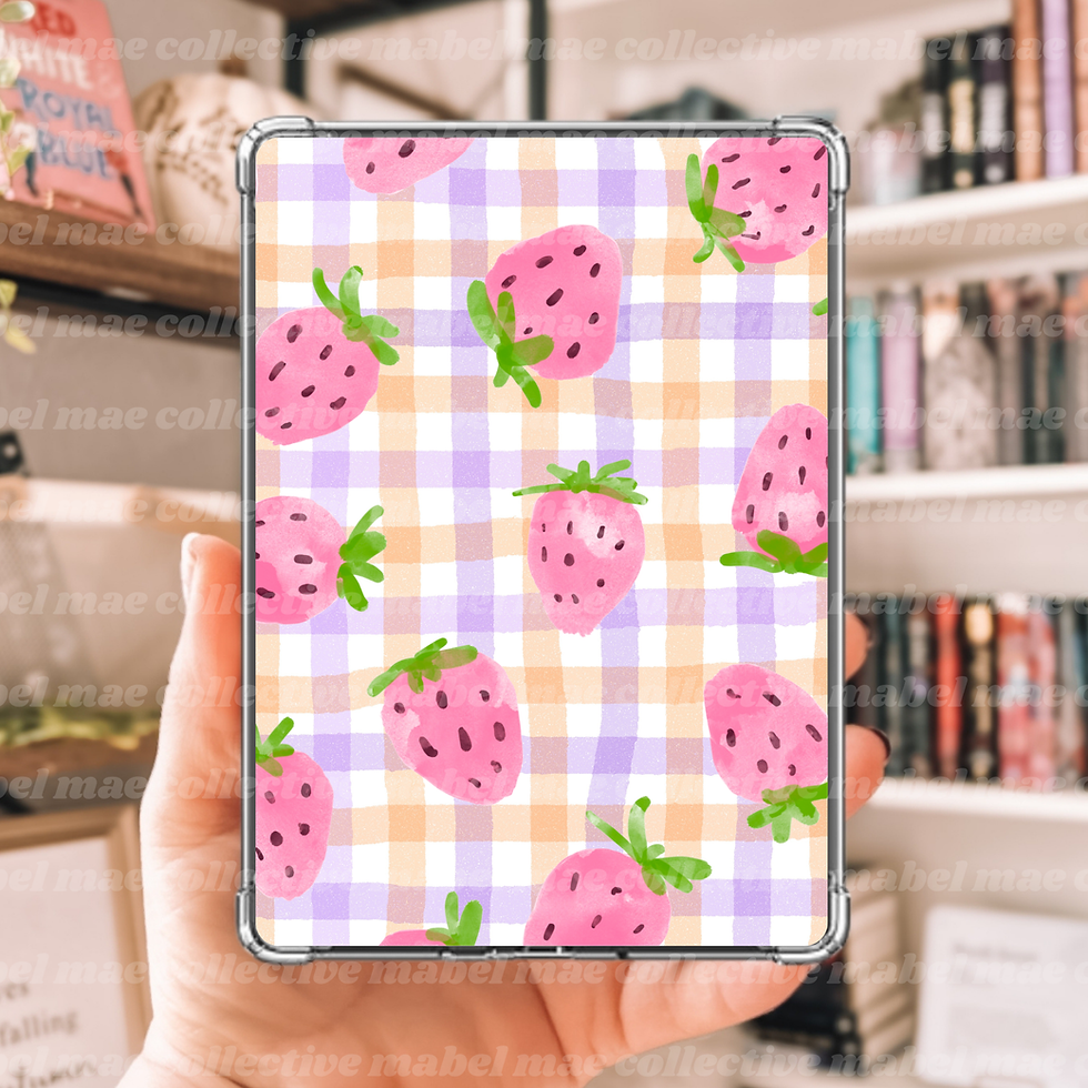 a kindle insert with a gingham pattern and cute strawberries