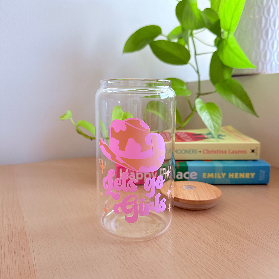 lets go girls glass can tumbler, text with cowgirl hat