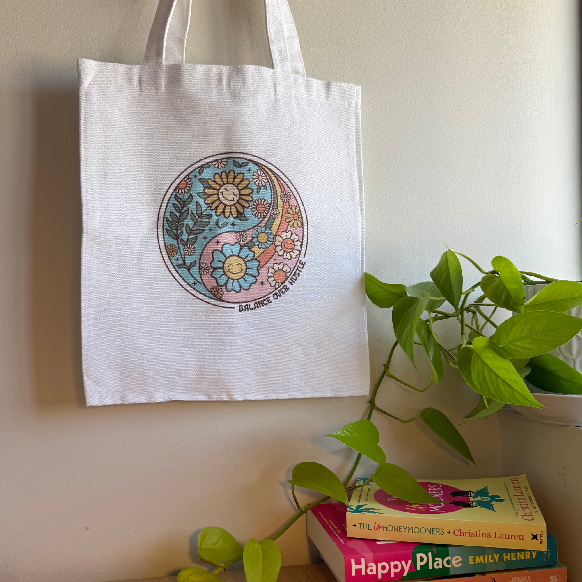 balance over hustle boho style printed cotton tote bag