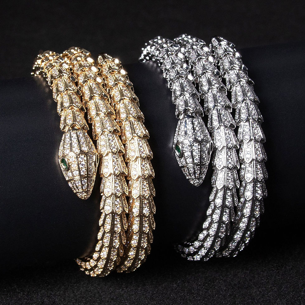 Thumbnail: 18K Gold Serpent Bangle Set with Cubic Gemstones
