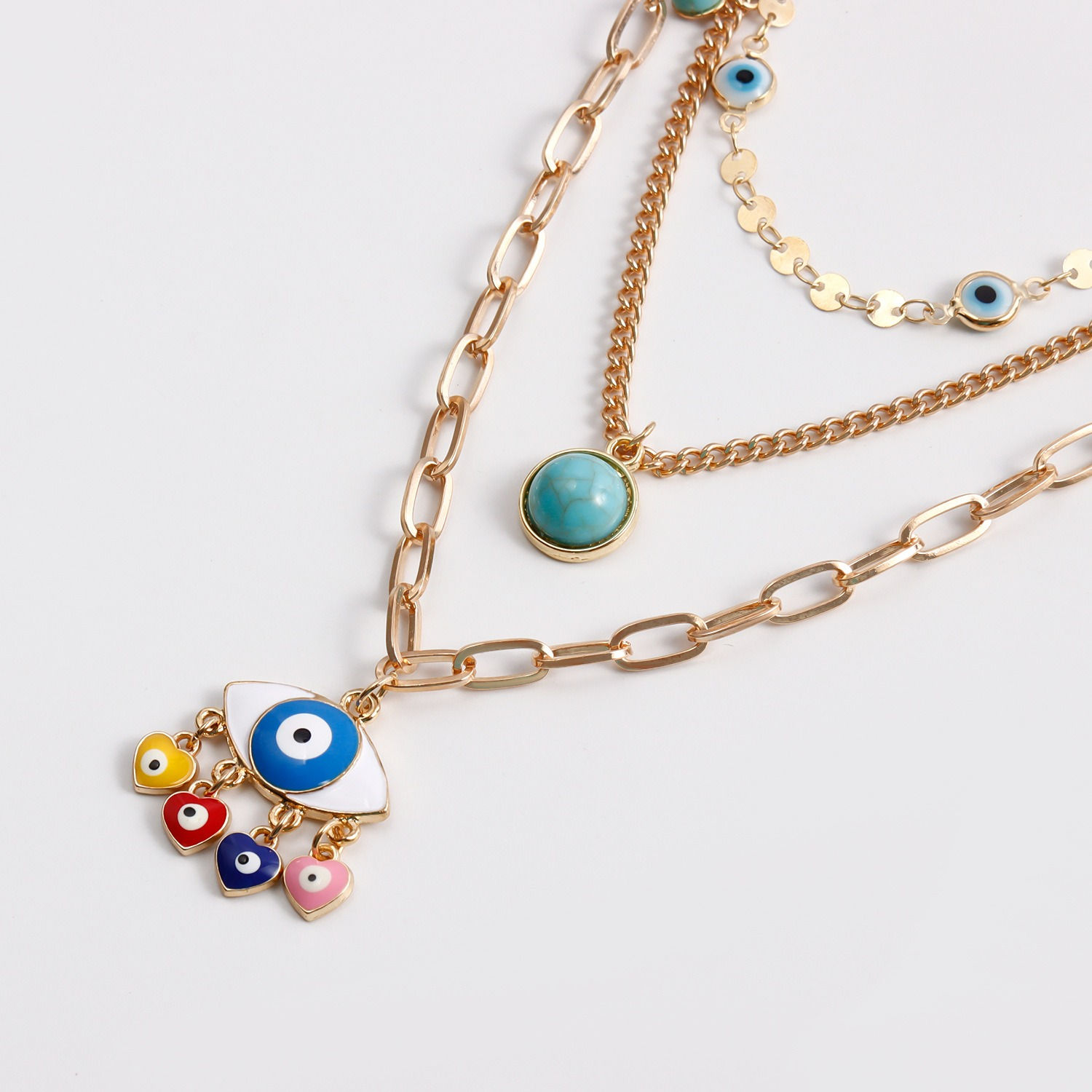 18K gold multi-layer chain with devil's eye design exaggerated high-end necklace