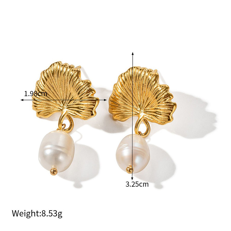Thumbnail: 18K gold geometric inlaid pearl design high-end earrings and necklace set