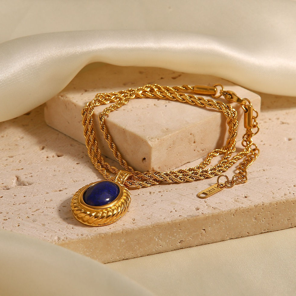 Thumbnail: 18K gold classic retro inlaid oval gemstone with textured design necklace