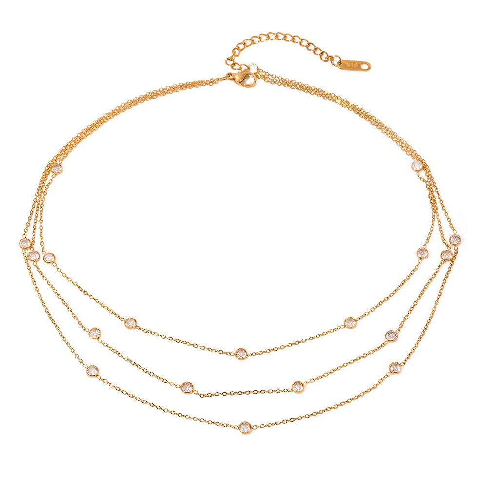 Thumbnail: 18K gold light luxury simple three-layer chain inlaid gemstone design necklace