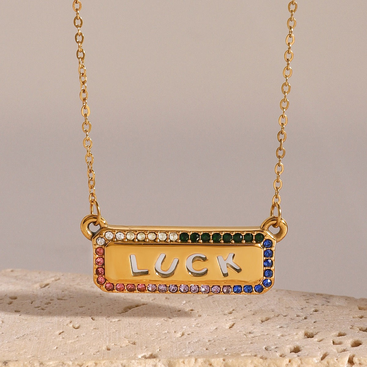 18K gold geometric rectangle with letter LUCK design high-end necklace