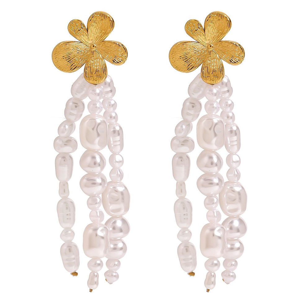 Thumbnail: 18K gold flowers with pearl tassels design exquisite and noble earrings