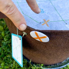 Lay the template on top of the soil. Make sure you line up the X on the template with the X on the growbag.