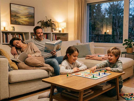 Família a la sala d'estar. Nens jugant. Pares al sofà.