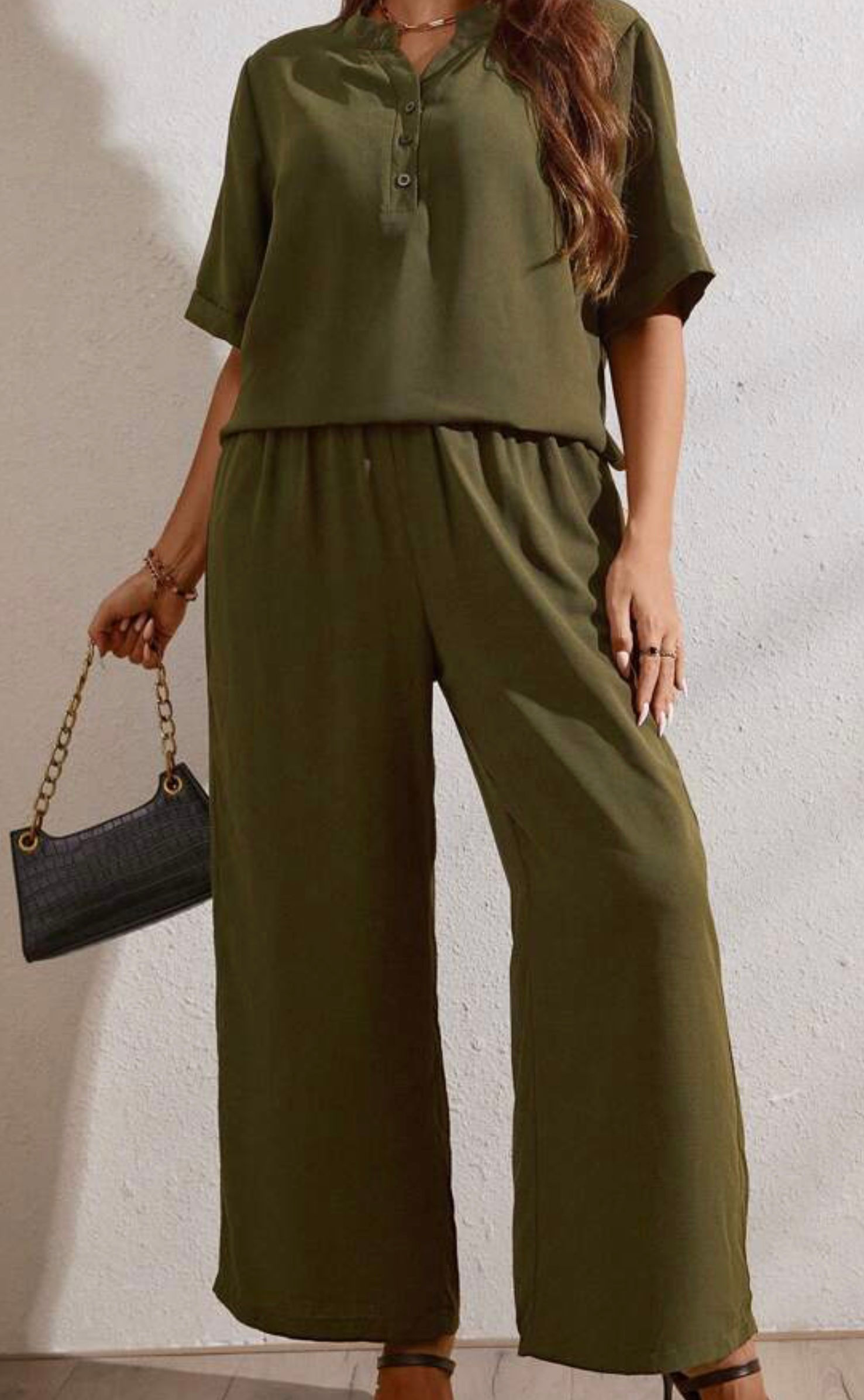 Woman Solid Green top and pants