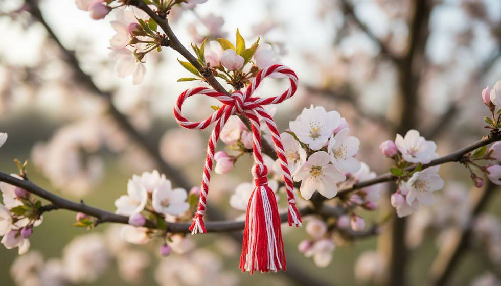red and white martenitsa tied to a blooming branch.