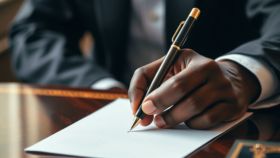 black person's hand holding a sophisticated pen writing on a piece of paper at a fancy des