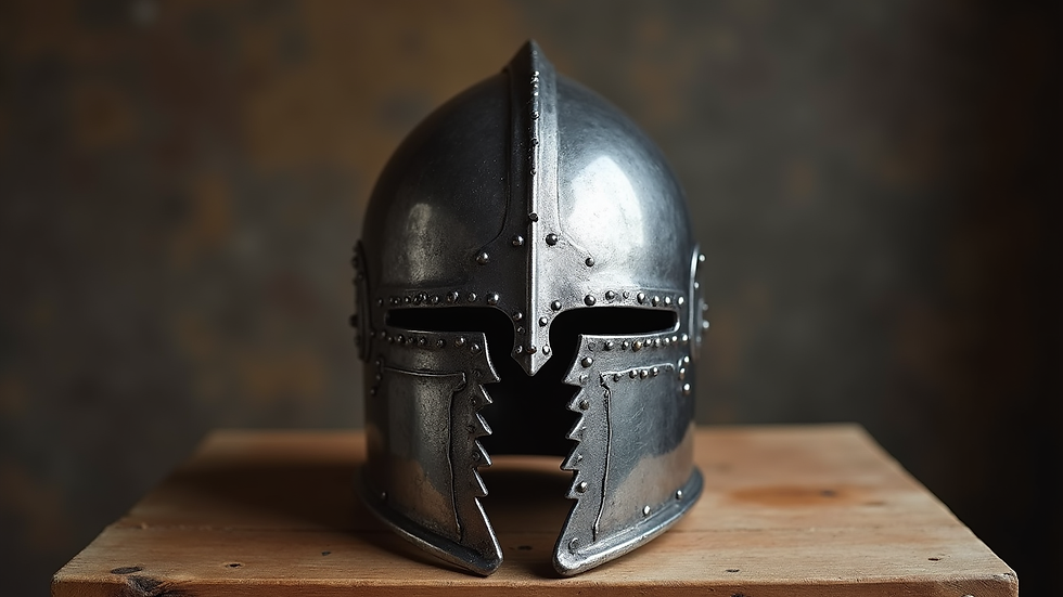 Eye-level view of a custom steel armor piece resting on a wooden stand