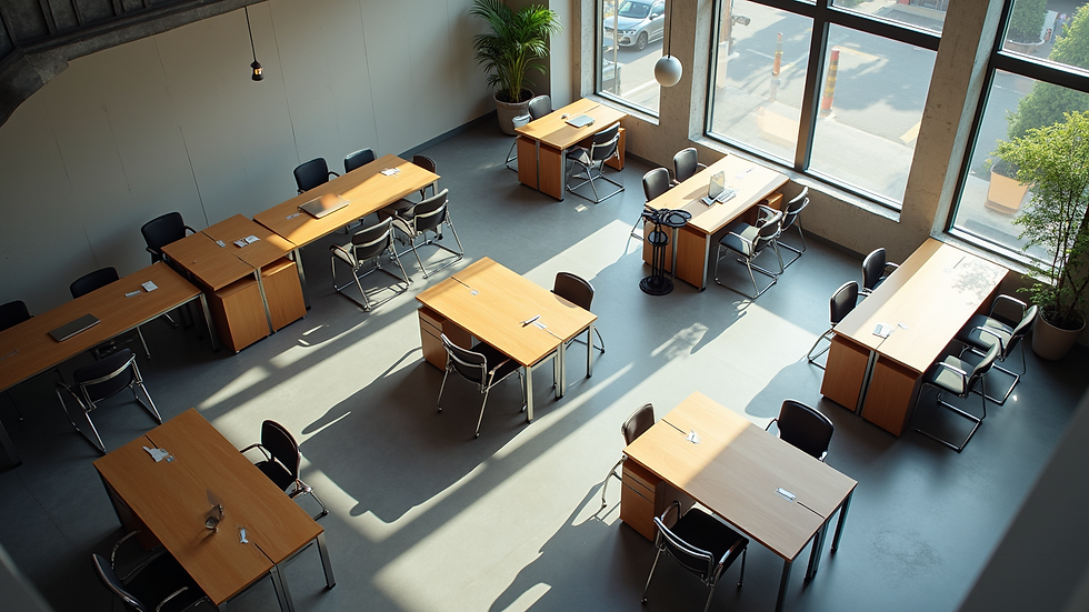 high angle view of coworking space with desks and chairs