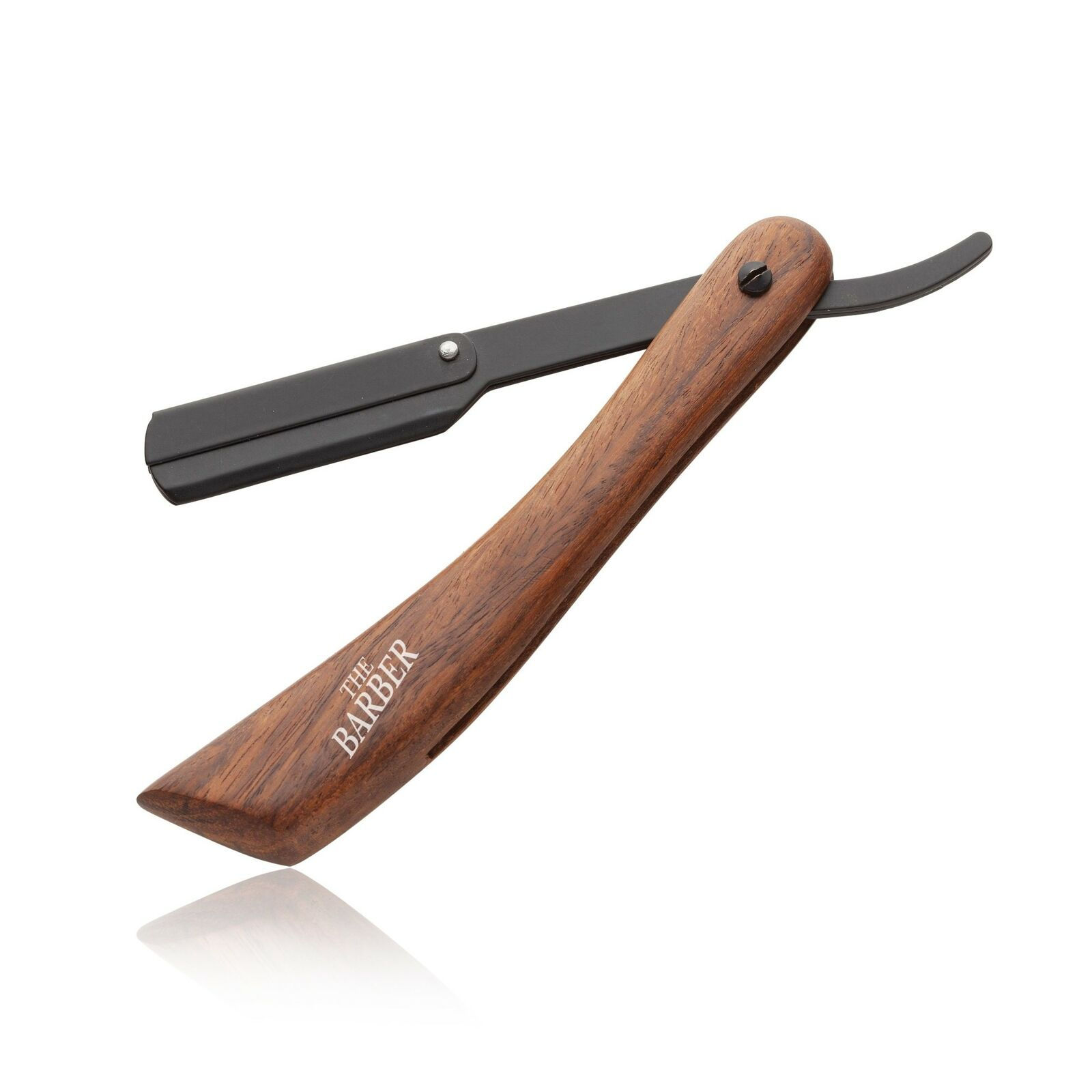 Open wooden razor with visible text THE BARBER, for shaving purposes solo.