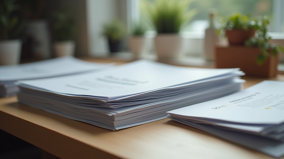 Close-up of printed flyers stacked neatly on a table