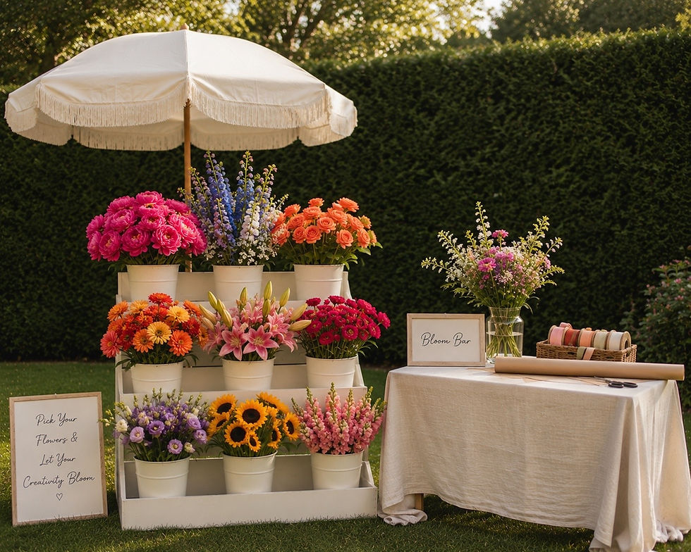 Wide landscape photo of an outdoor bloom bar cart with colorful flowers in white pots under a cream parasol