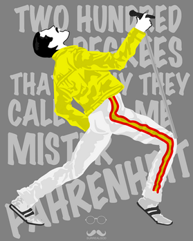 Pop art piece titled Freddie Mercury 'Don't Stop Me Now' featuring a blank depiction of Freddie Mercury singing in a yellow jacket and white pants with red and white stripes against a grey background with lyrics from the song in white.