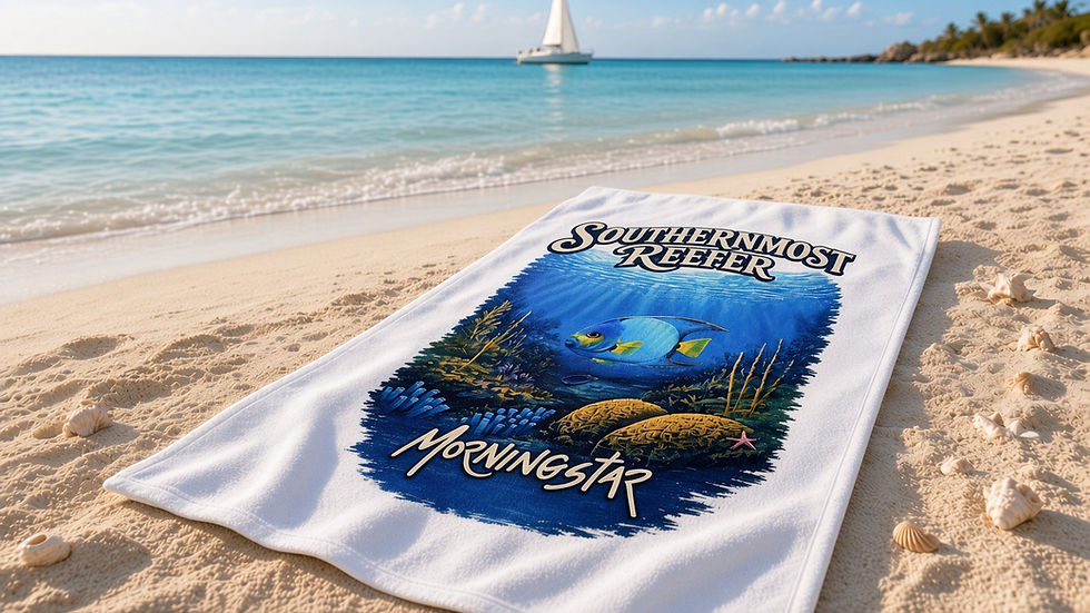 white towel laying on beach with original artwork by Ken Morningstar