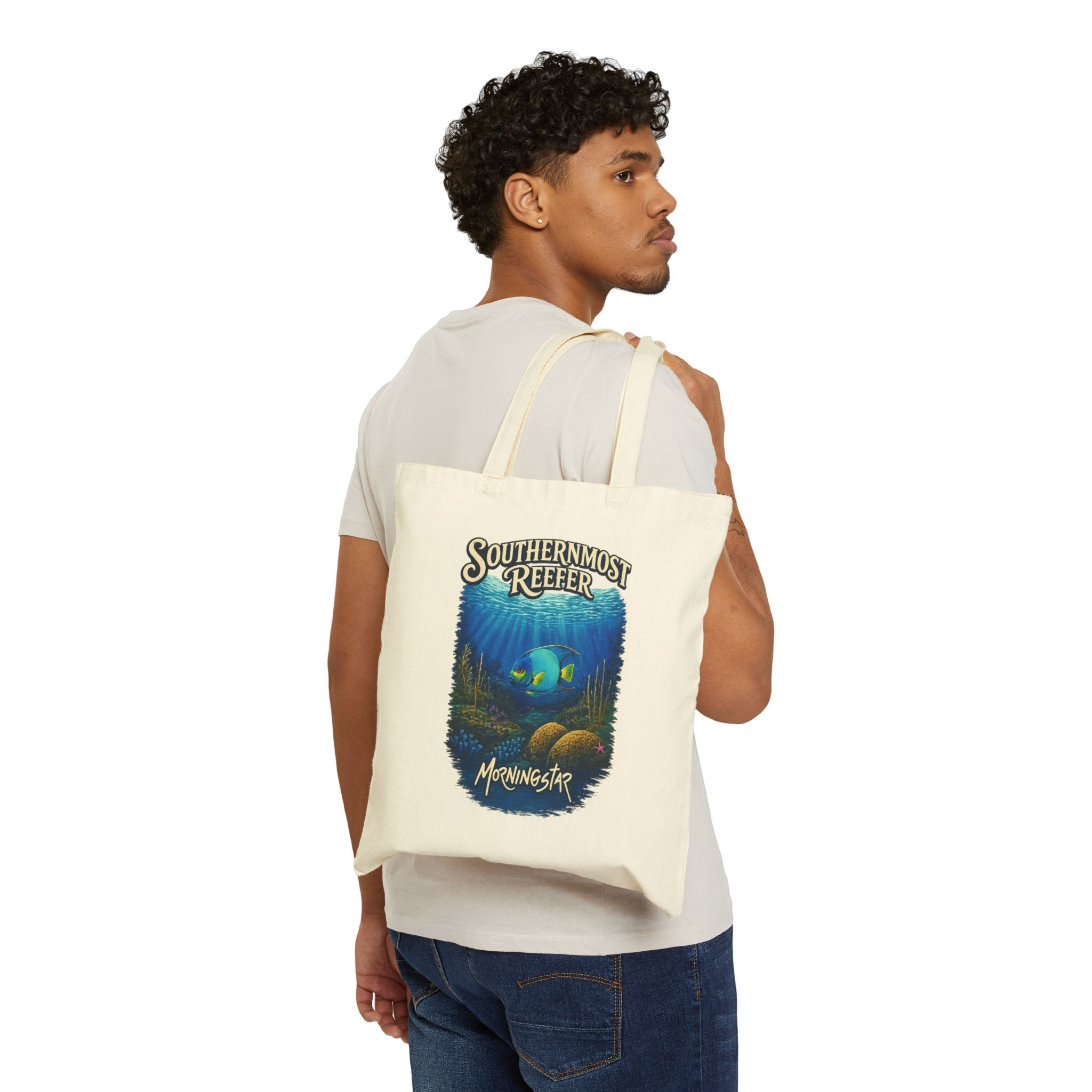 natural canvas bag back with artist Ken Morningstar's signature Southernmost Reefer