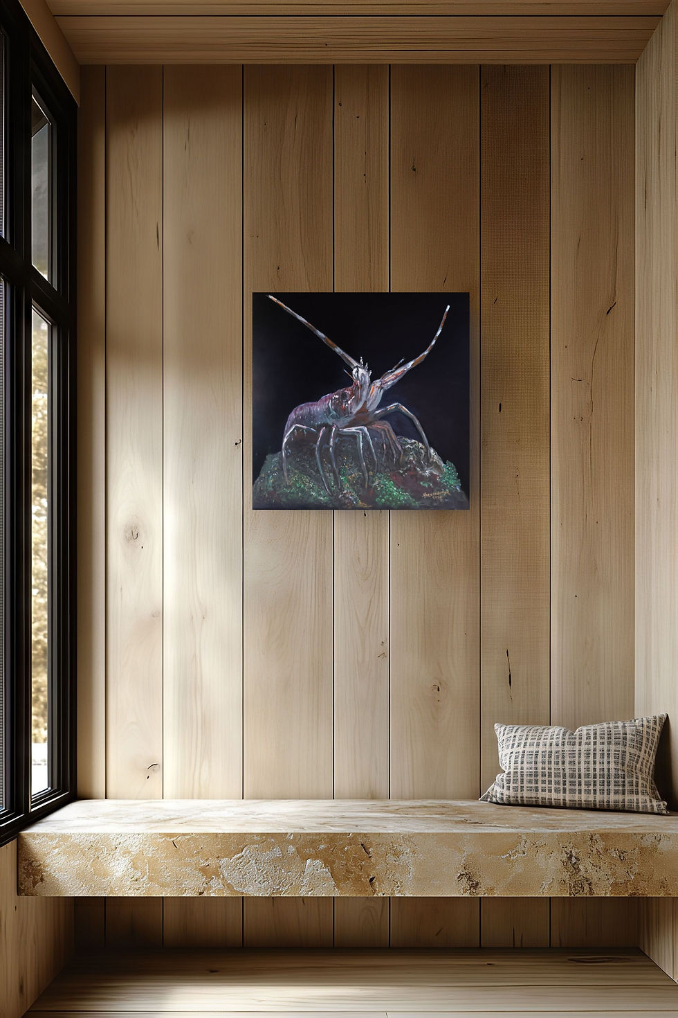 lobster on corals coming out of the dark on the wall