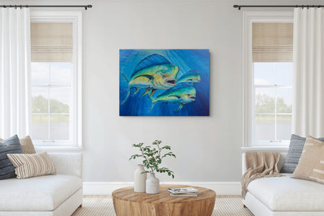 Original art by Ken Morningstar of mahi fish swimming in the water