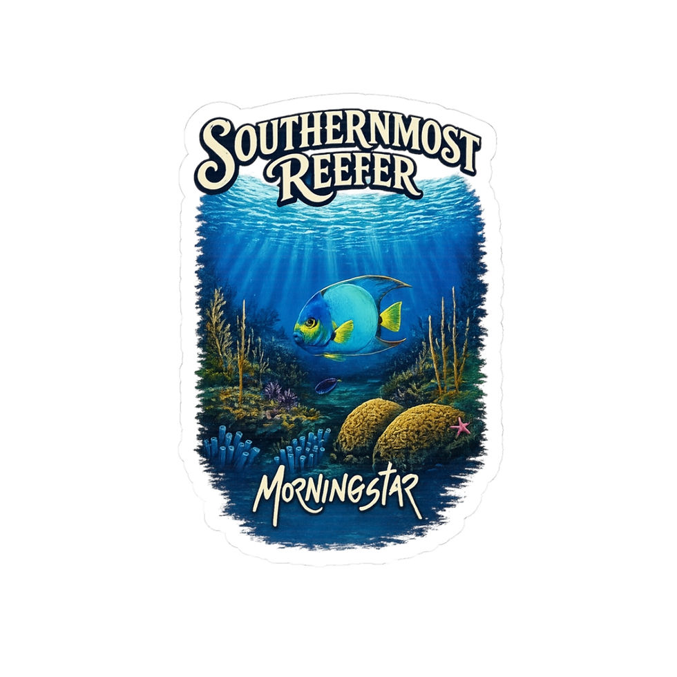 Southernmost Reefer sticker featuring tropical reef artwork by Ken Morningstar for laptops, water bottles, and coolers.