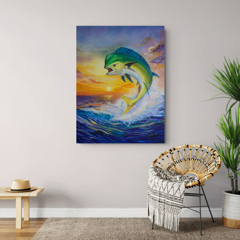 artist Ken Morningstars Mahi Sunrise of a mahi fish leaping out of the water in front of the sunrise on a wall
