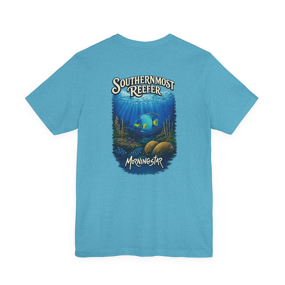 The back of blue t-shirt Ken Morningstar artist original design