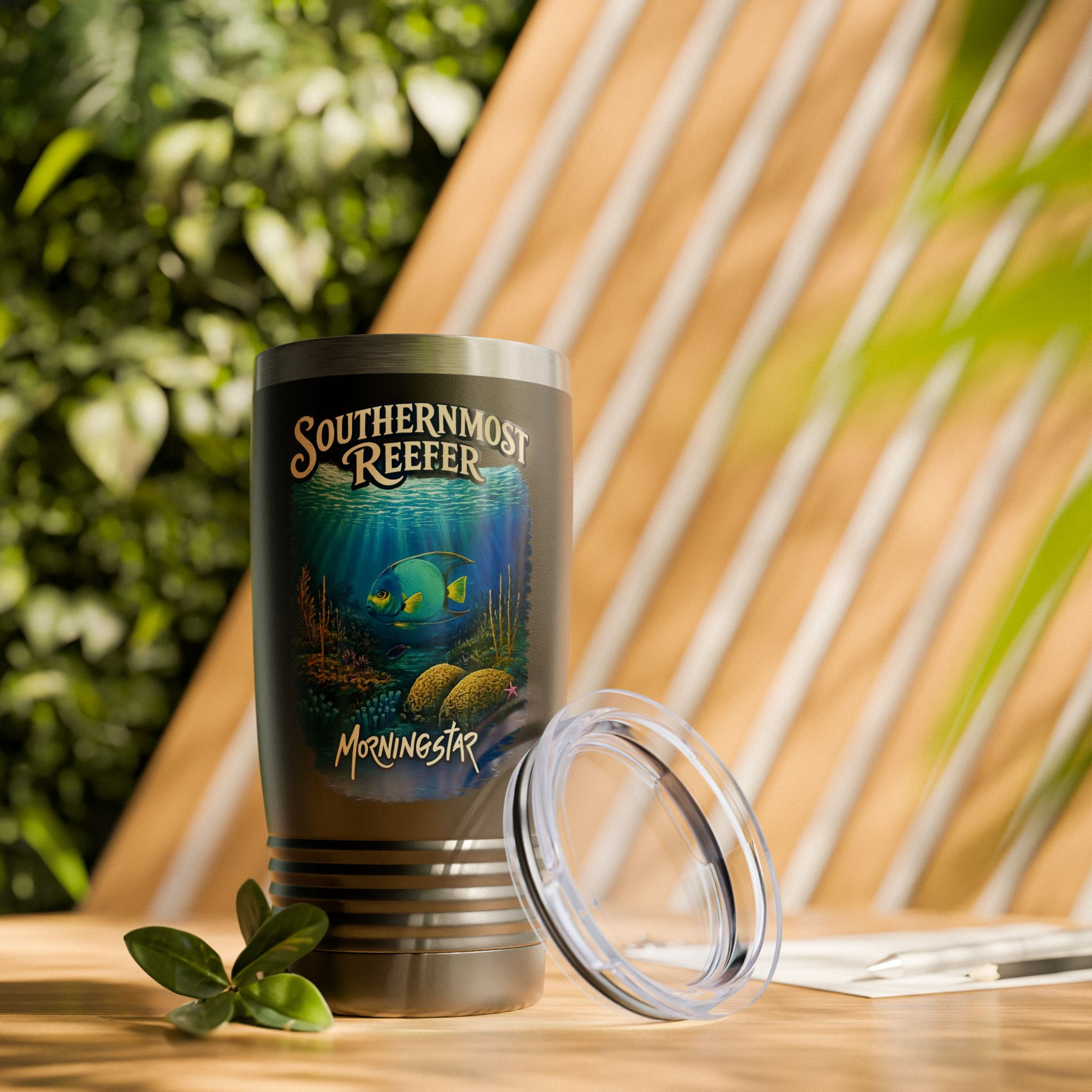 black stainless steel tumbler with Southernmost Reefer angel fish original