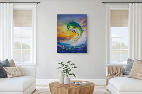 artist Ken Morningstars Mahi Sunrise of a mahi fish leaping out of the water in front of the sunrise in living room