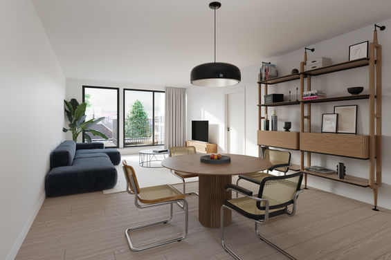 Modern appartement interieur: eettafel met stoelen, bank en boekenkast.
