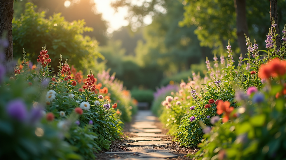 Eye-level view of a vibrant garden filled with diverse plants