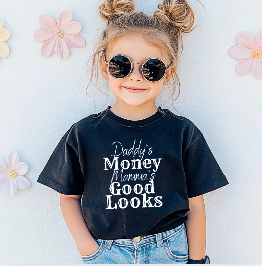 Youth Tee — "Daddy's Money, Mama's Good Looks" Kids Graphic Shirt