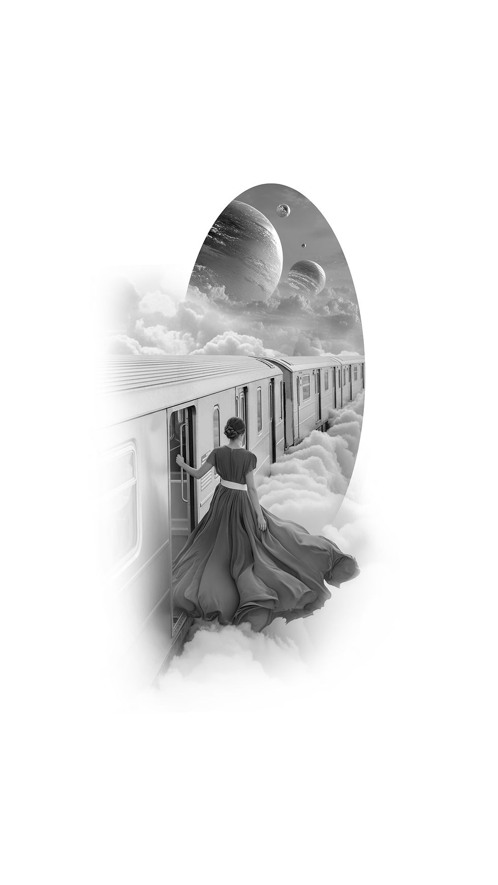 woman in a long dress on a train traveling through clouds and planets 