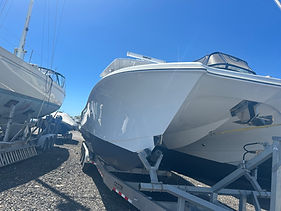 White power catamaran on a trailer with professional marine ceramic coating and gelcoat restoration by Gloss Masters Michigan.