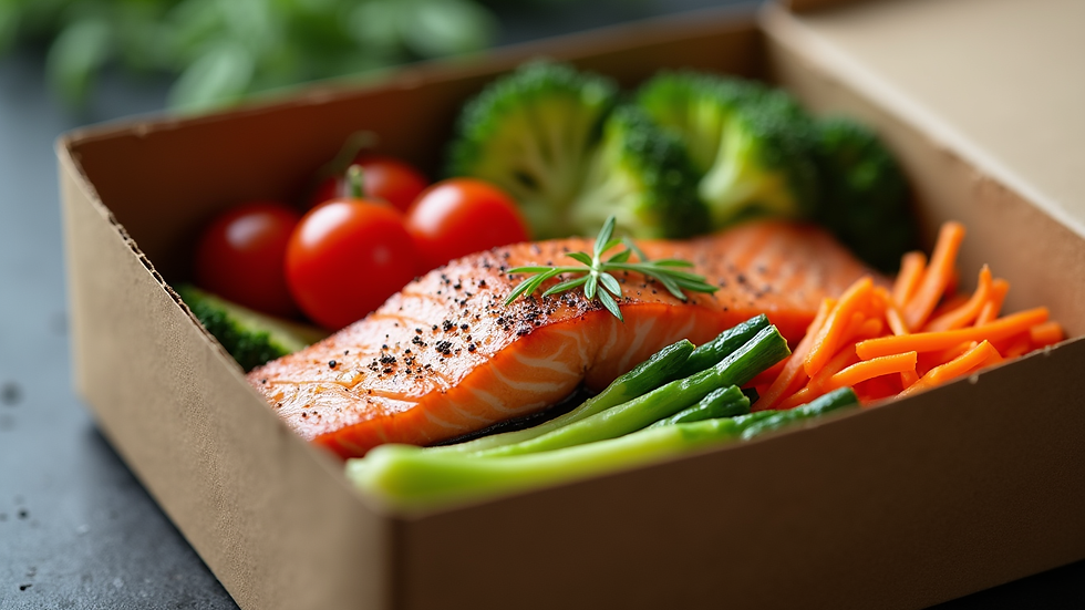 Close-up of a neatly packed meal prep box with grilled salmon and steamed vegetables