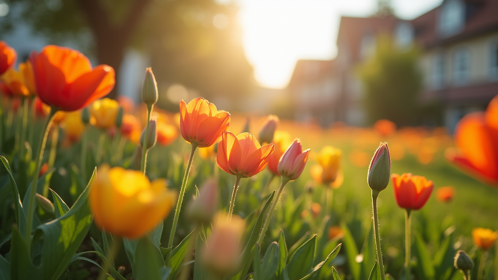 Eye-level view of a serene garden filled with colorful flowers