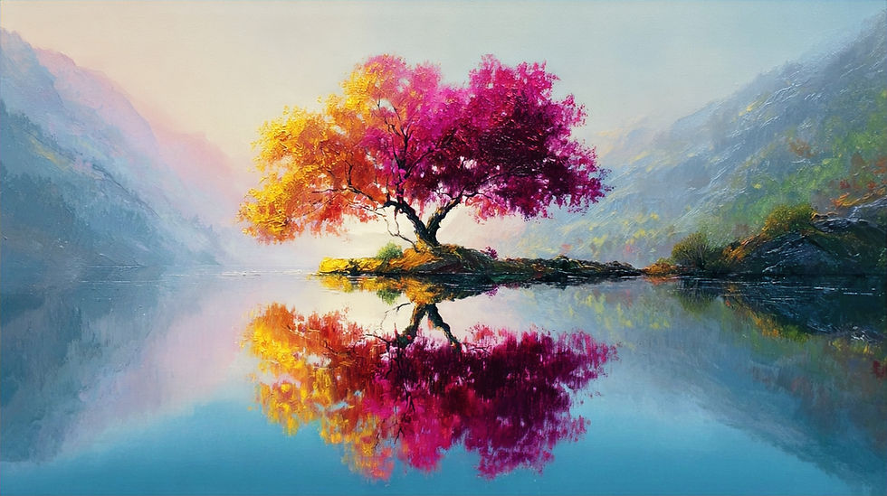 Vibrant pink and orange tree on a small island, reflected in calm water. Surrounded by misty mountains under a serene sky.