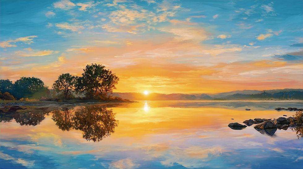 Sunset over a calm lake with trees reflecting in the water. The sky is colorful with vibrant oranges and blues, creating a serene and peaceful mood.