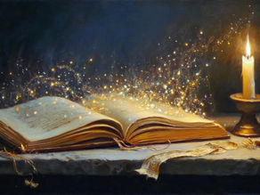 An open book emits sparkles beside a glowing candle on a dark table. The warm, magical ambiance reflects mystery and wonder.