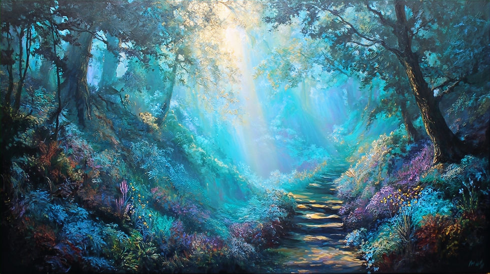 Sunlit forest path surrounded by vibrant blue and purple foliage, creating a serene and mystical atmosphere.