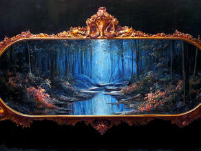 An ornate gold-framed landscape painting depicts a serene blue forest with a winding stream, surrounded by colorful foliage.