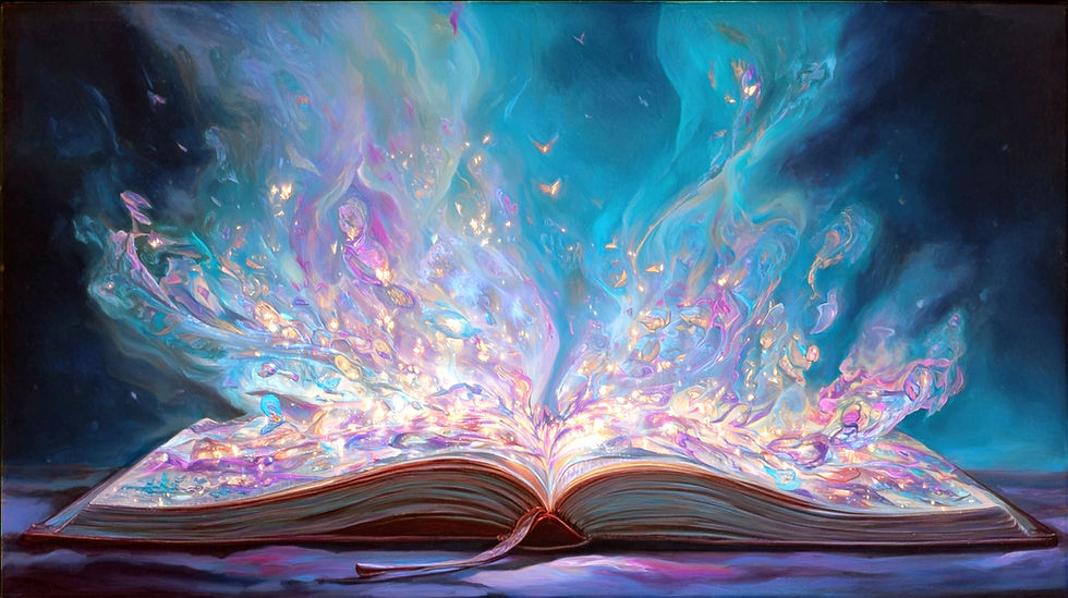 An open book emits glowing, colorful swirls of light on a dark blue background, creating a magical and enchanting atmosphere.